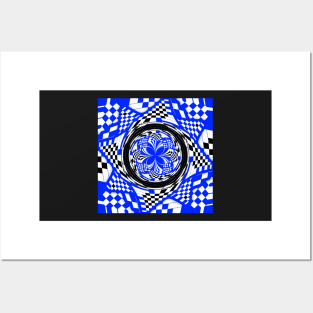 Blue Black and White Double Layer Swirl and Checkered Pinwheel Posters and Art